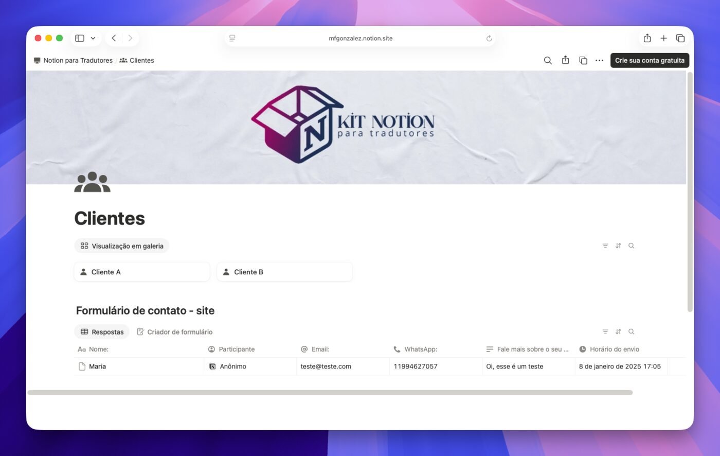 Cadastro de clientes e formulário de contato