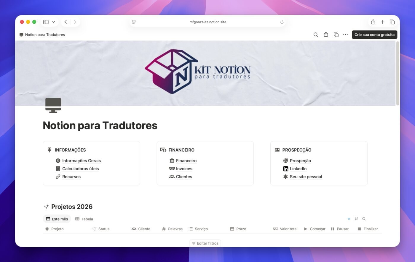 Dashboard geral do Kit Notion para Tradutores