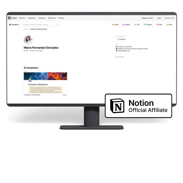 Página de Maria Fernanda Gonzalez no site da Notion, com o selo Notion Official Affiliate